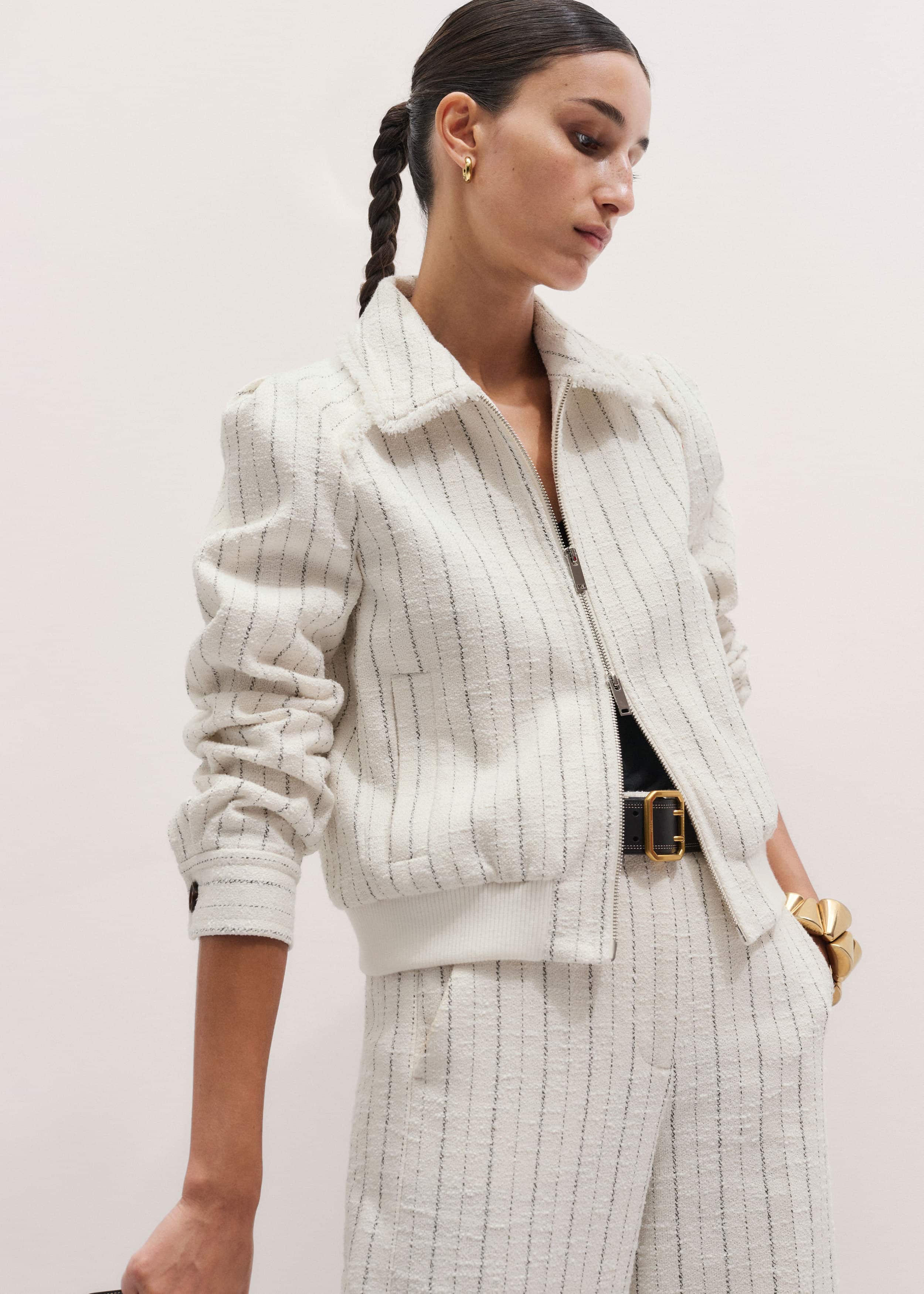Ivory Stripe Bomber Jacket meandem