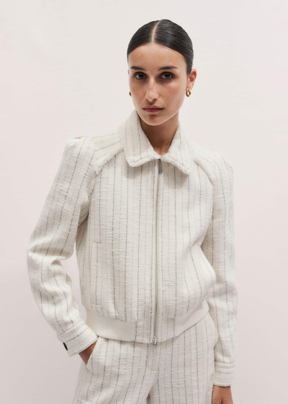 Ivory Stripe Bomber Jacket meandem