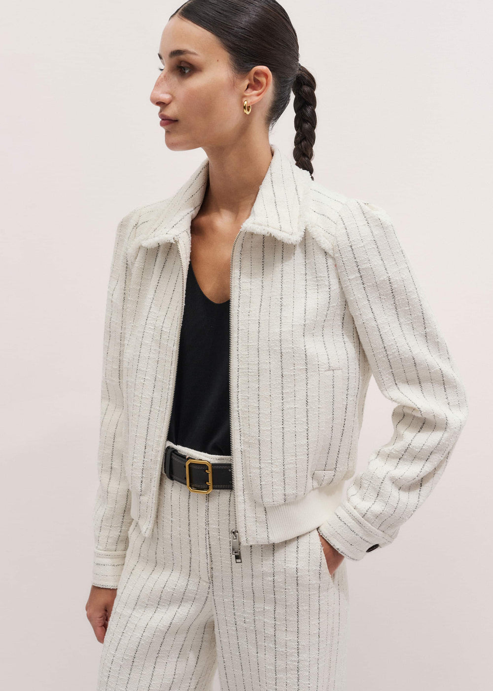 Ivory Stripe Bomber Jacket meandem