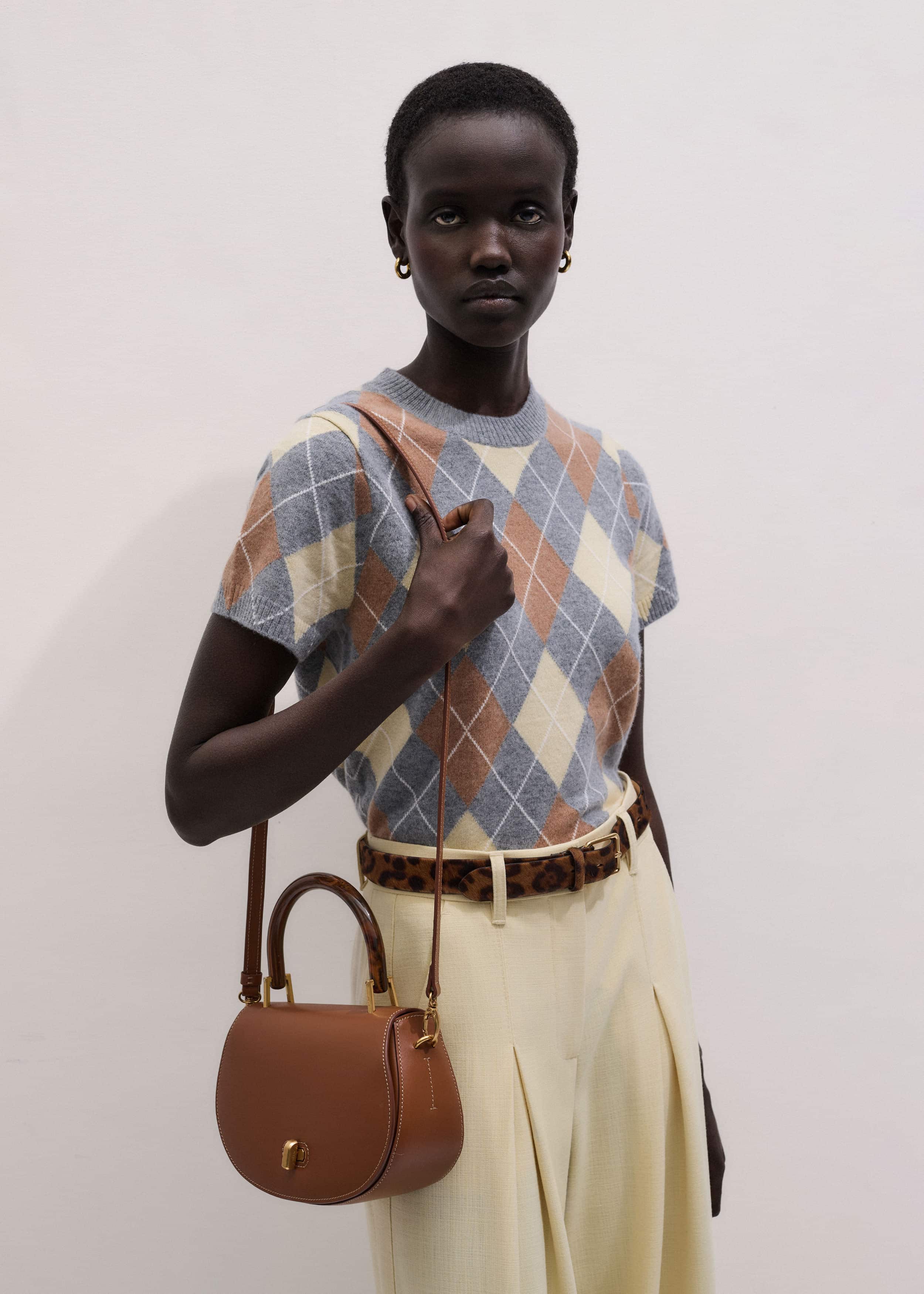 Dark Tan Resin Top Handle Structured Saddle Bag meandem