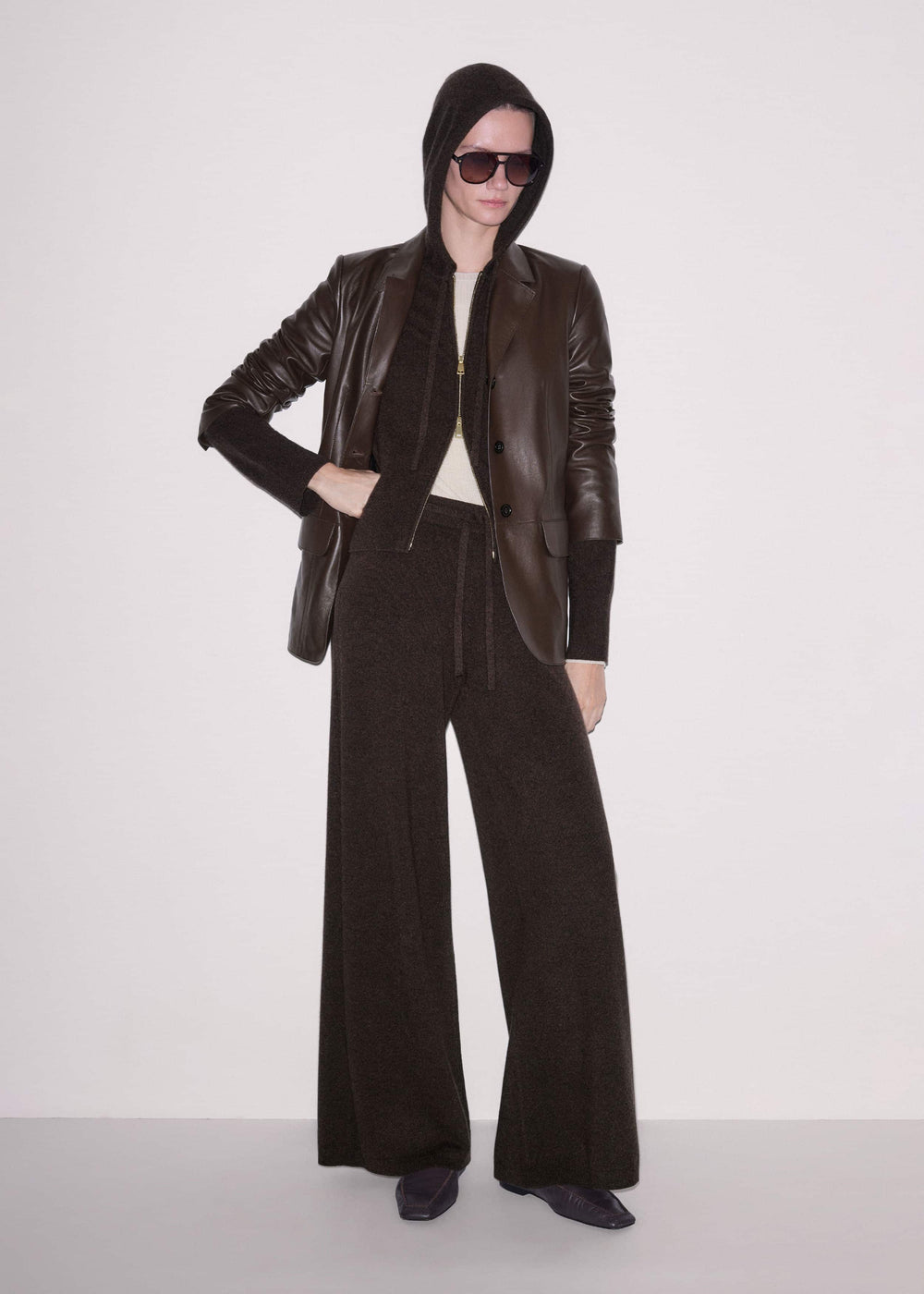 Brown Cashmere Straight Hoodie + Wide-Leg Pant Knitted Co-ord meandem