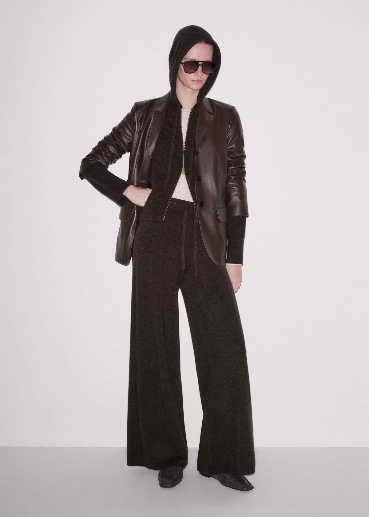 Brown Cashmere Straight Hoodie + Wide-Leg Pant Knitted Co-ord meandem