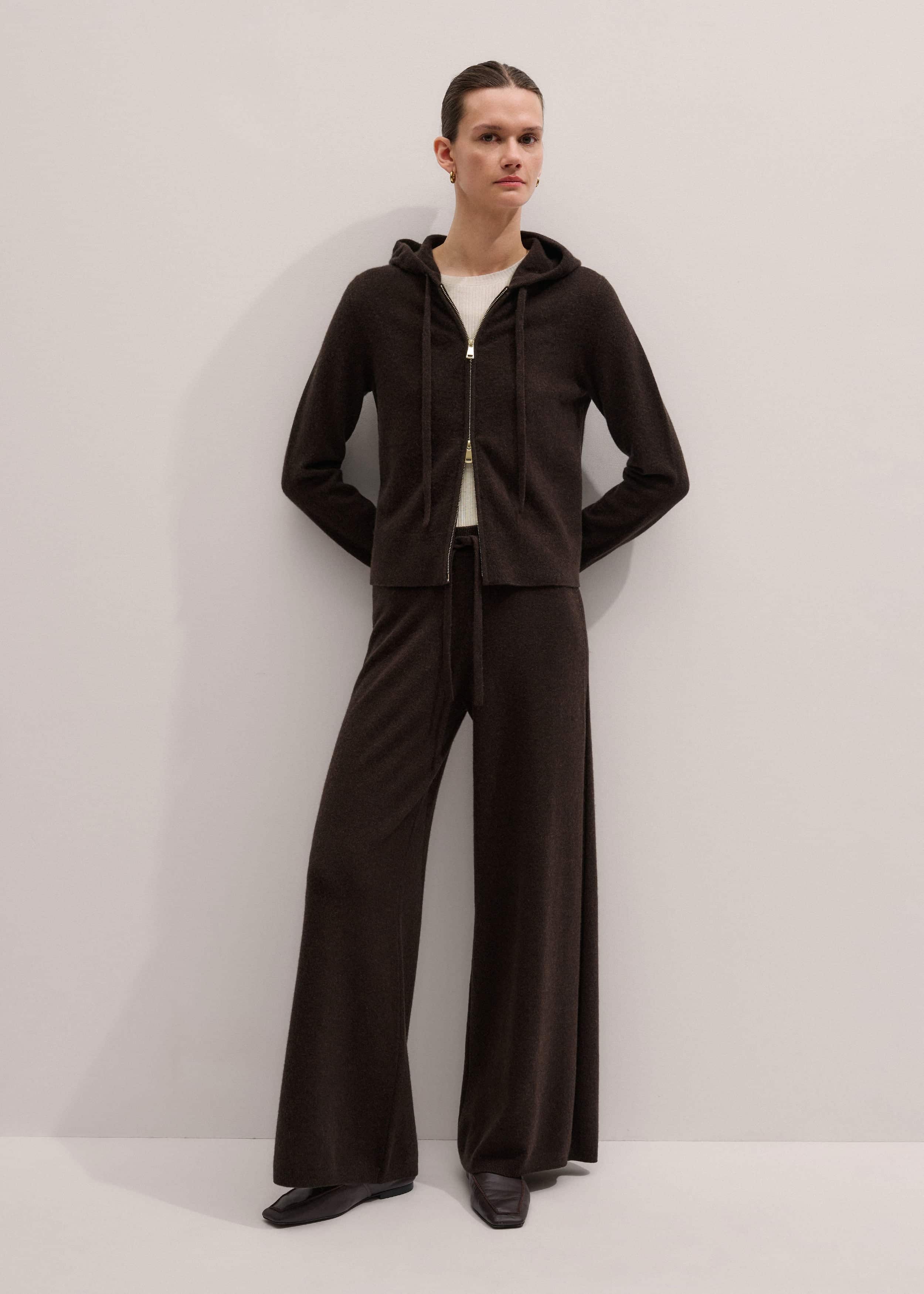 Brown Cashmere Straight Hoodie + Wide-Leg Pant Knitted Co-ord meandem