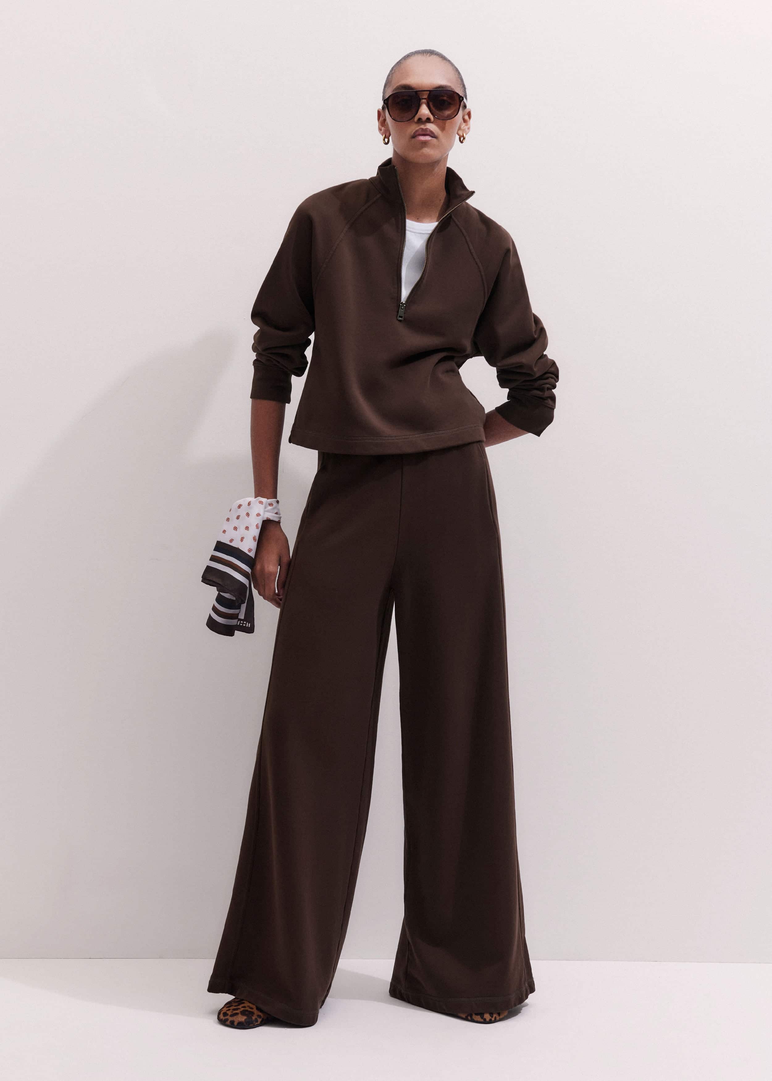 Brown High Zip Neck Crop Top + Wide-Leg Track Pant Co-ord meandem