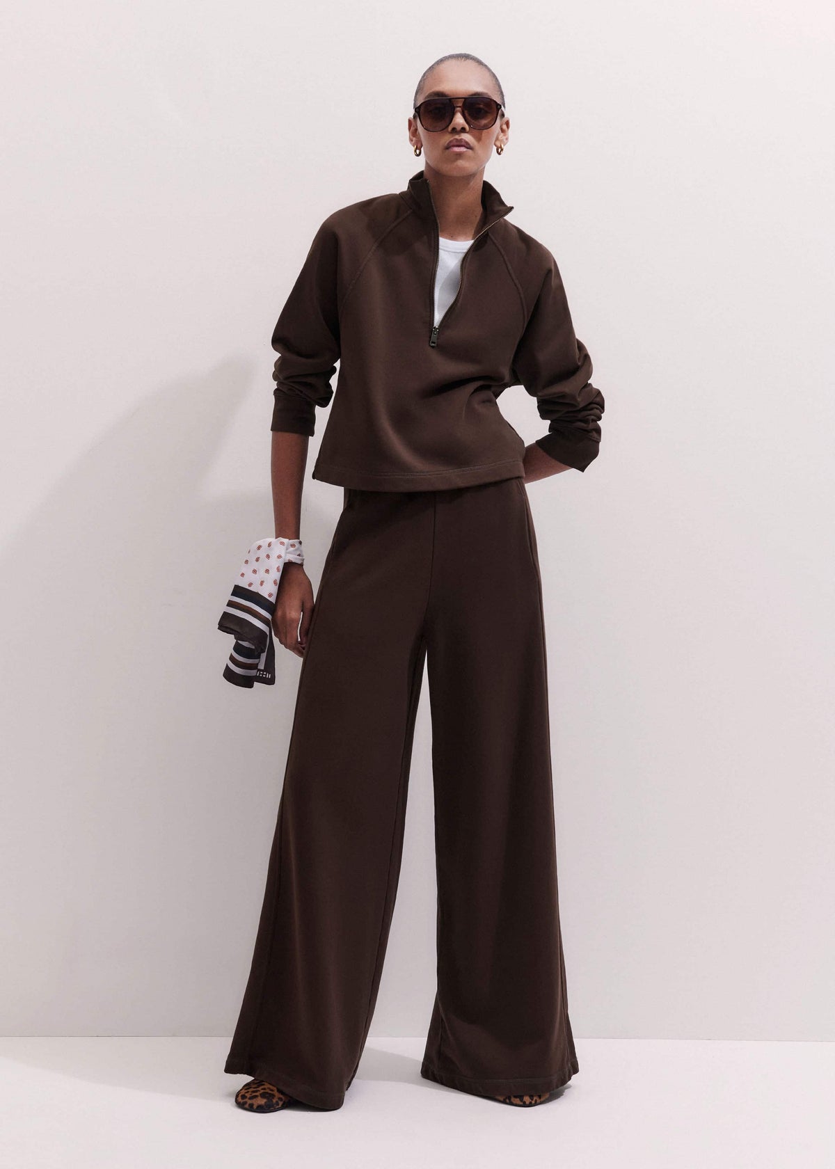 Brown High Zip Neck Crop Top + Wide-Leg Track Pant Co-ord meandem