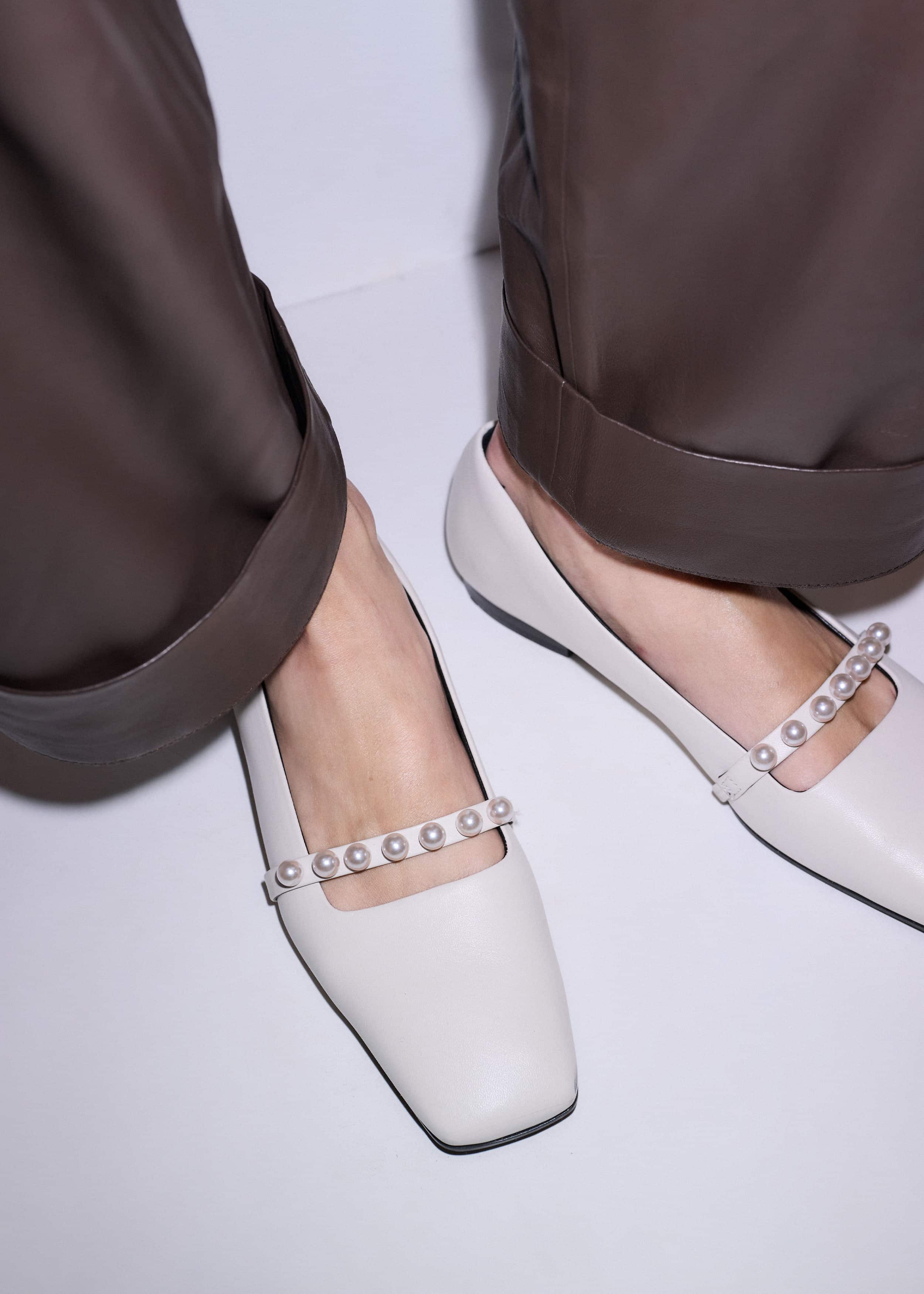 Off White Faux Pearl Square Toe Ballerina Flat meandem