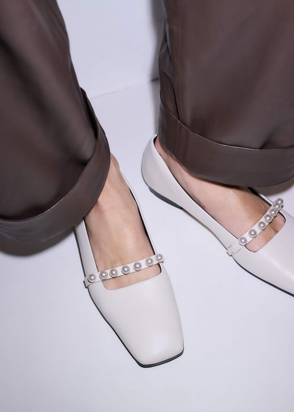 Off White Faux Pearl Square Toe Ballerina Flat meandem