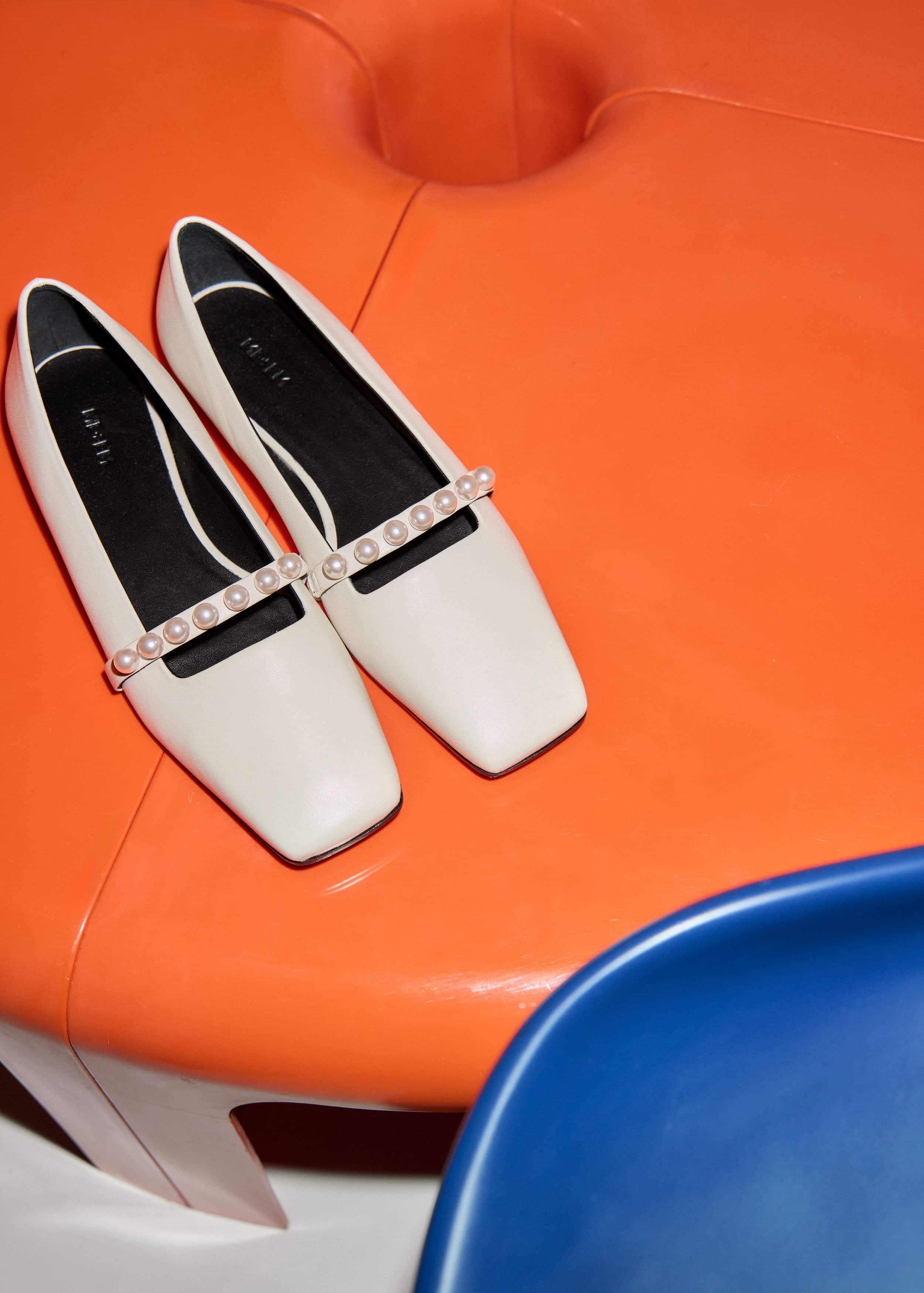 Off White Faux Pearl Square Toe Ballerina Flat meandem