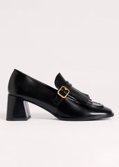 Black Fringe Block Heel Loafer meandem