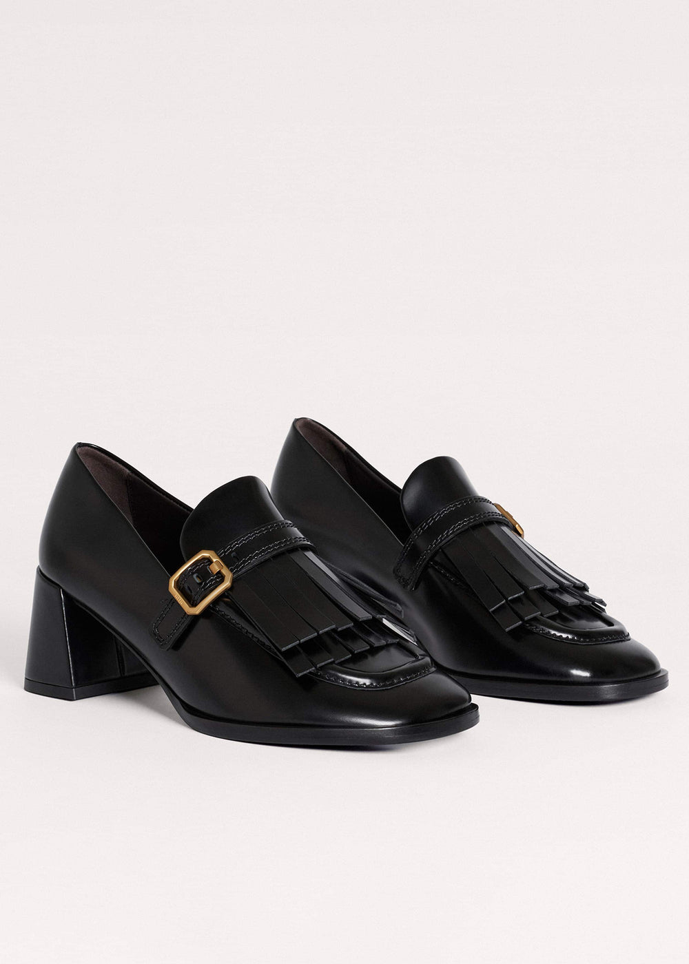 Black Fringe Block Heel Loafer meandem