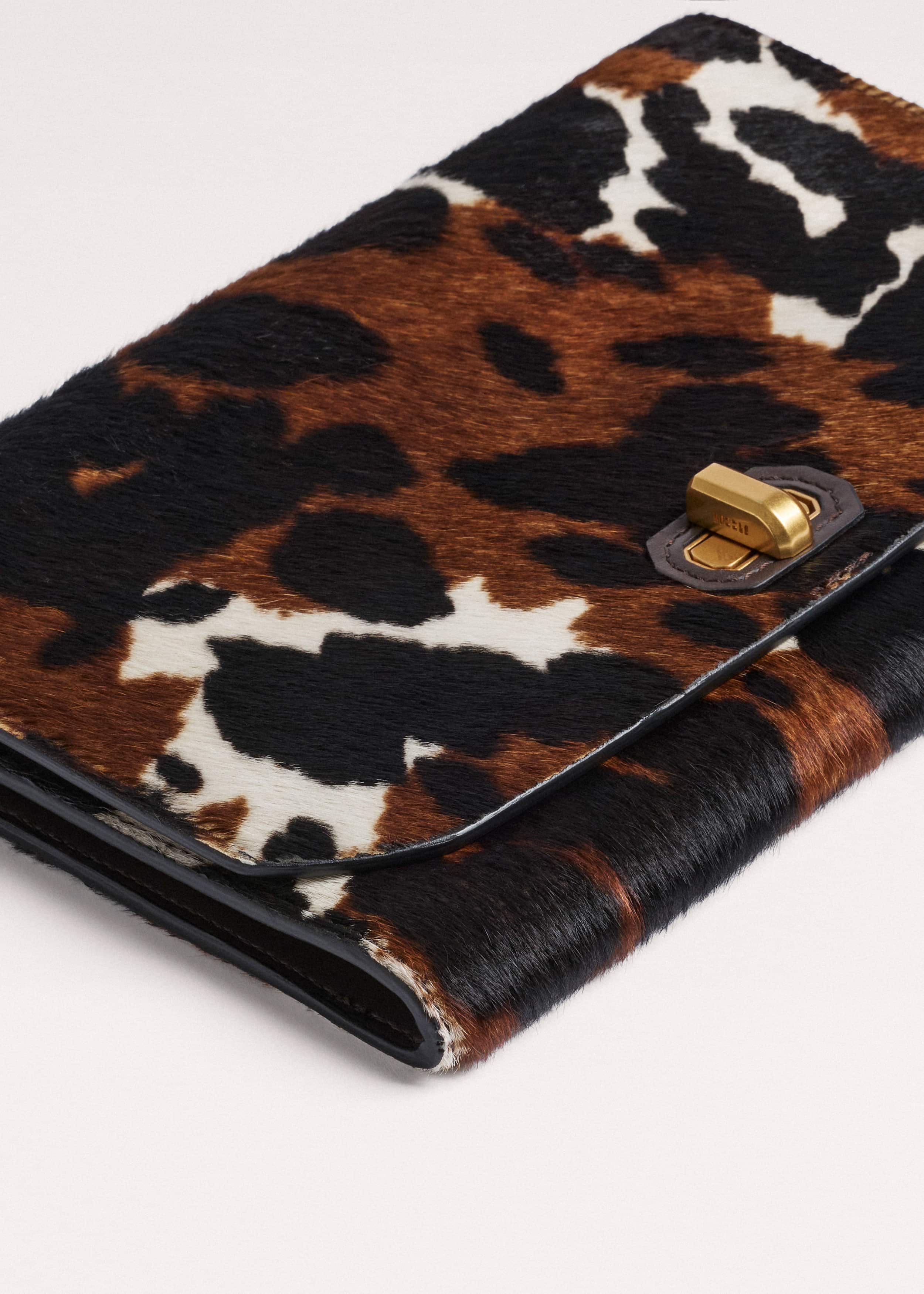 Brown Leather Cow Print Envelope Clutch Bag meandem