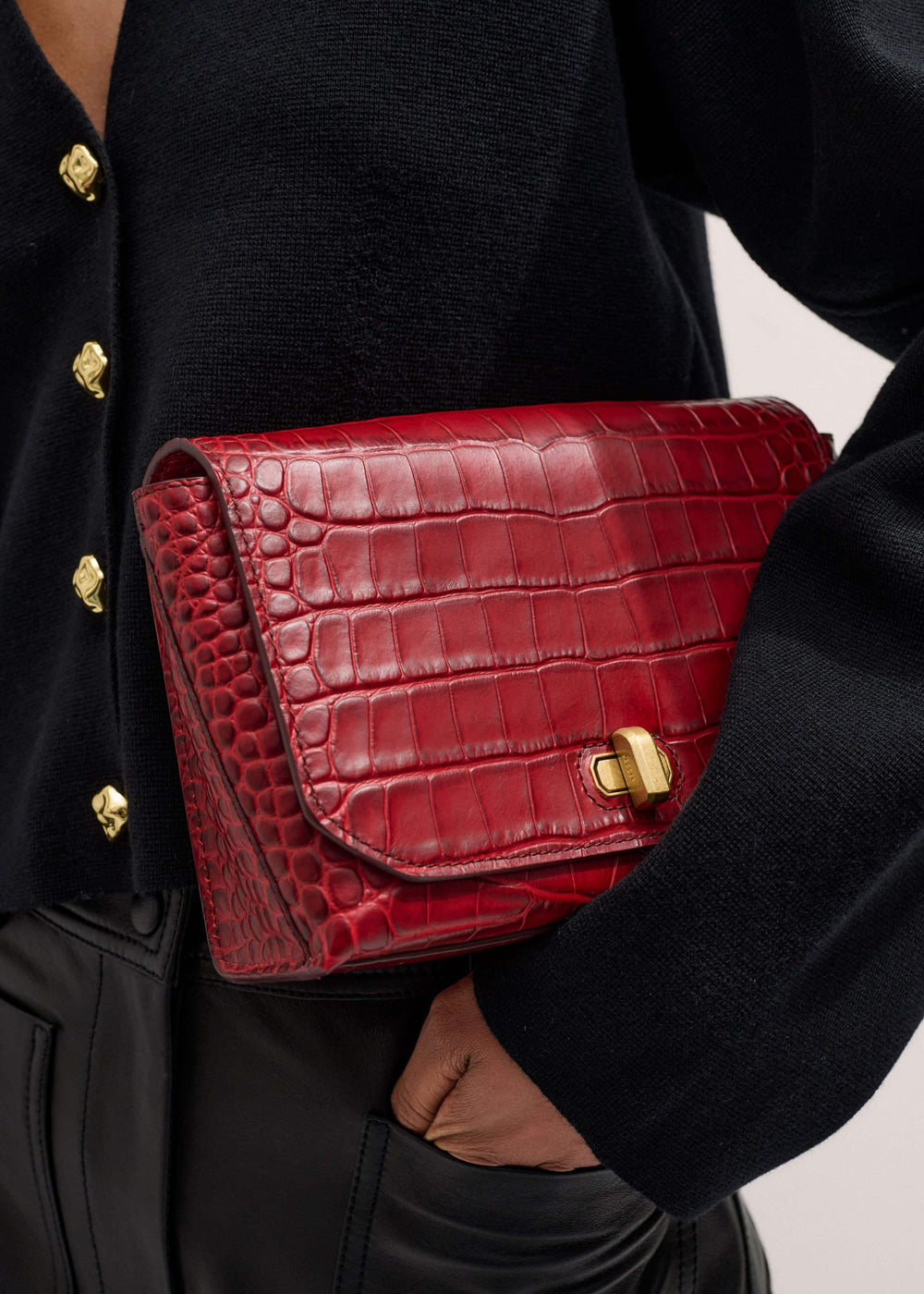 Red Leather Croc Print Clutch 2-in-1 Bag meandem