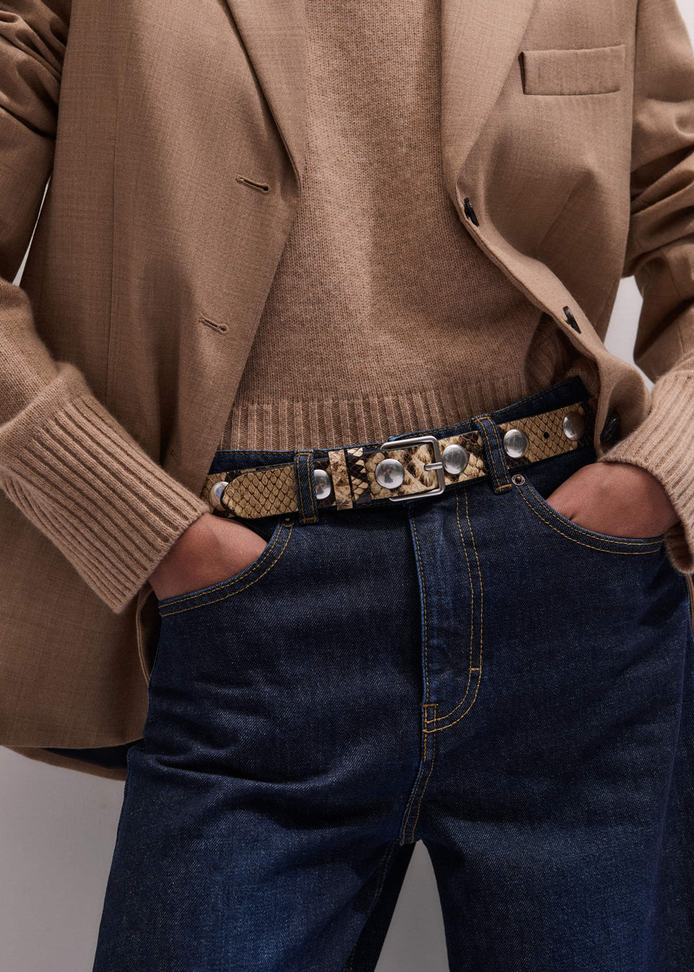 Brown Snake Embossed Metal Stud Belt meandem