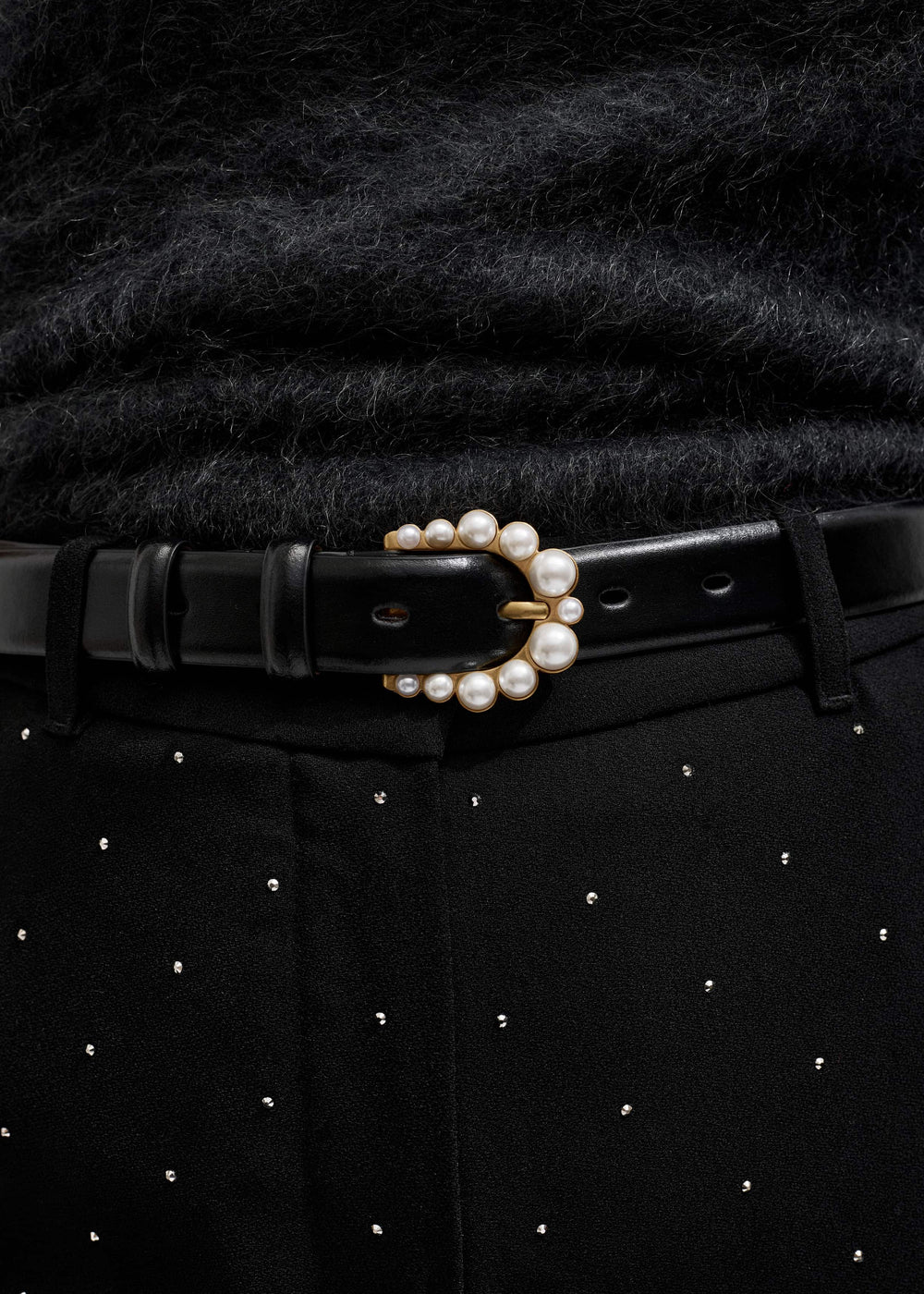 Black Faux Pearl Buckle Belt meandem